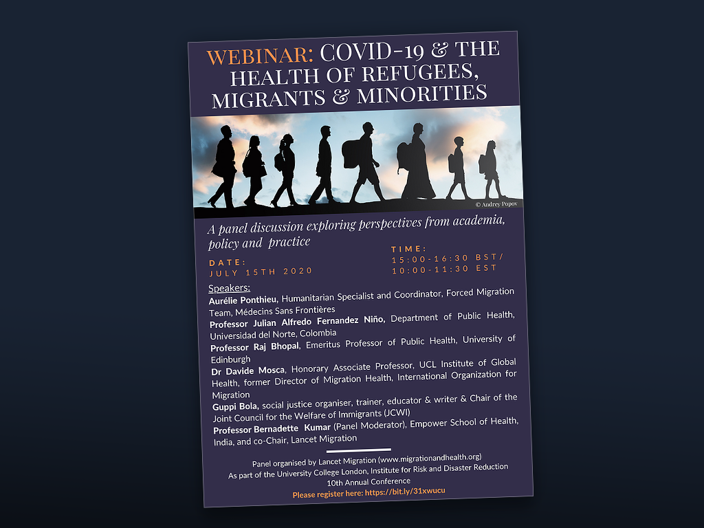 Flyer for the Lancet Migration webinar for Covid-19 and the health of regugees